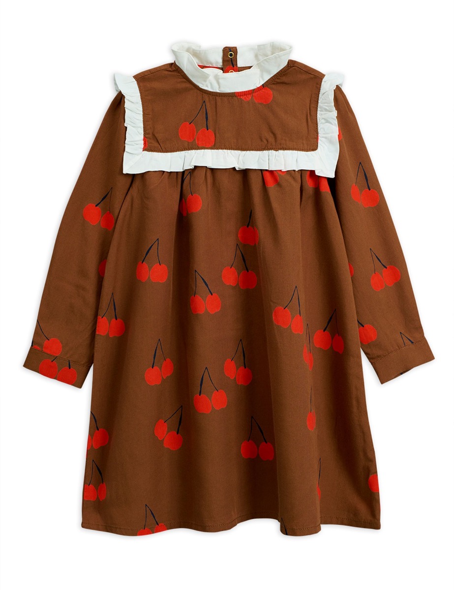 Cherry woven frill dress /Brown