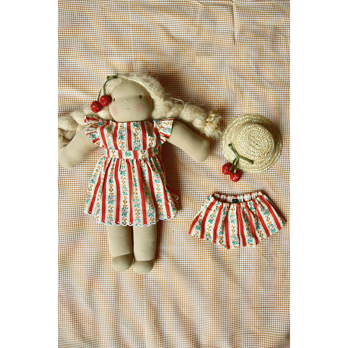 Reina doll dres with festoon embroidery / Panty (Wall paper stripe print slub cotton)