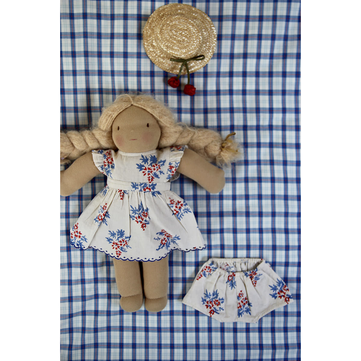 Reina doll dress with festoon embroidery / Panty (Red blue flower print 30`s sheeting)