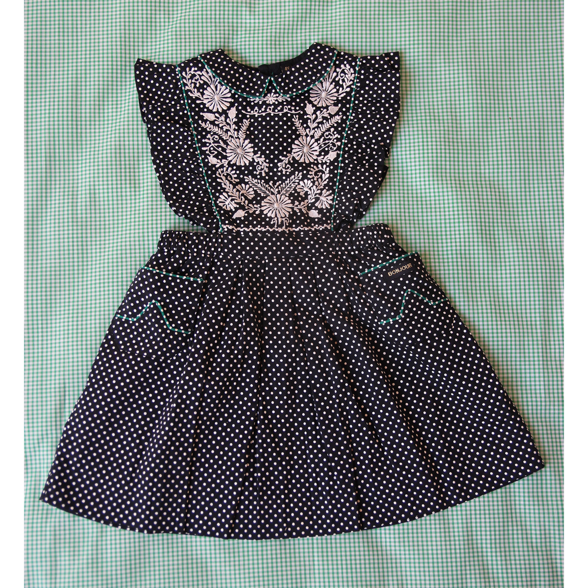Embroidered dotted apron dress(Black dot voile)