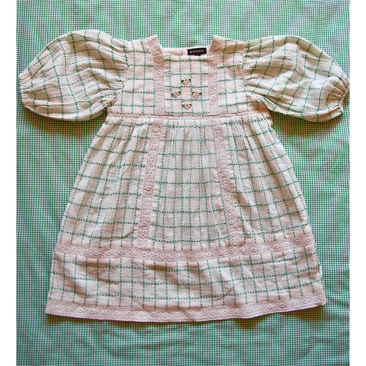 Memory dress with flowers hand embroidery(Green check)