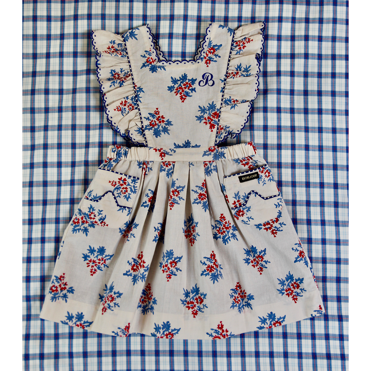 Apron Dress with festoon embroidery, flash blue dot lining(Red blue flower print 30`s sheeting)