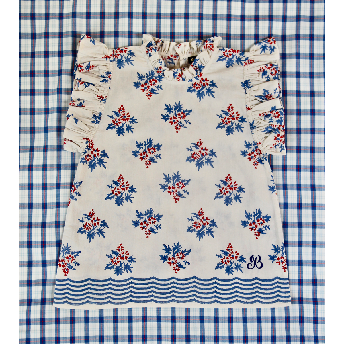 Top Flounce with B Emb(Red blue flower print wirh border 30`s sheeting )
