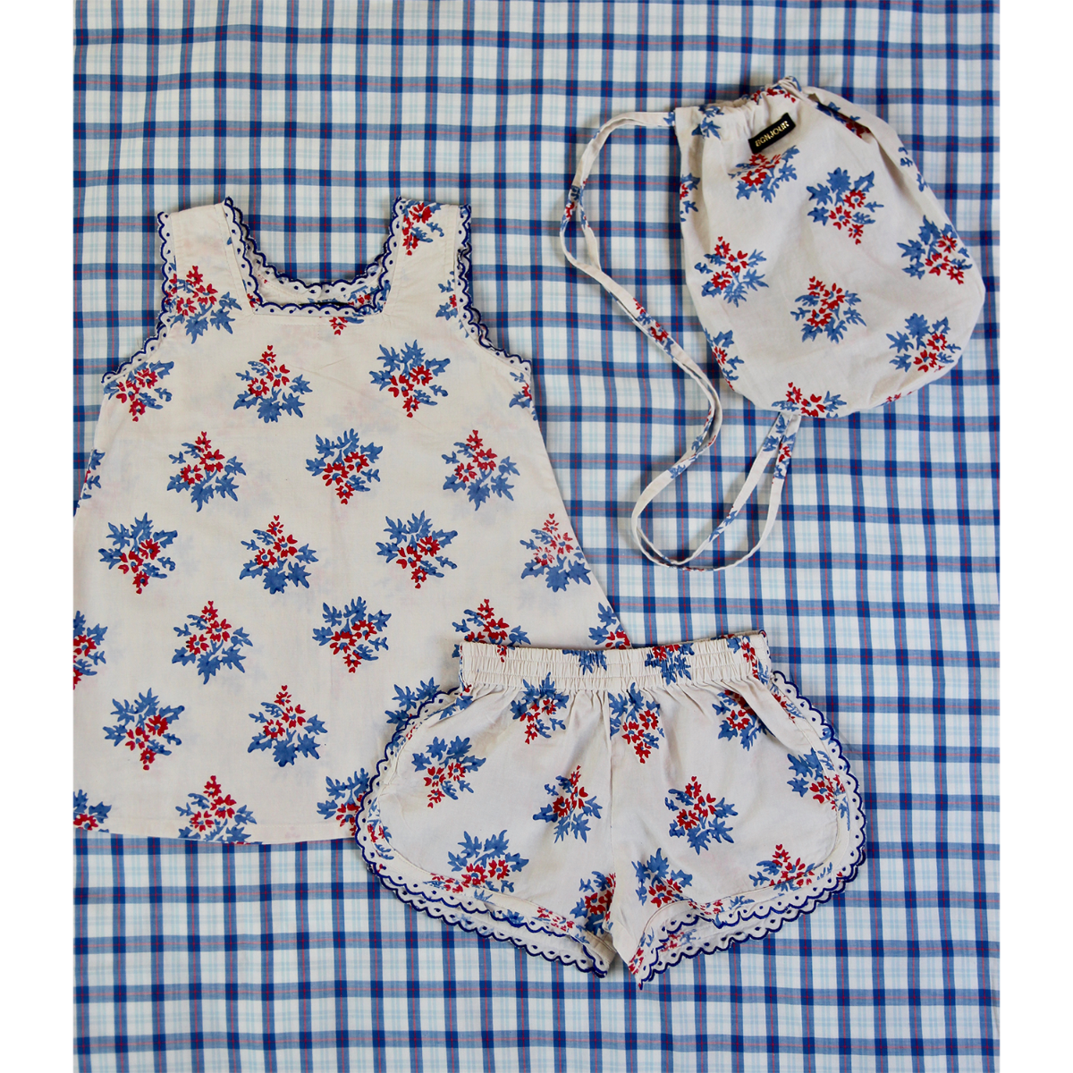 Set top and Panty + bag(Red blue flower print 30`s sheeting)