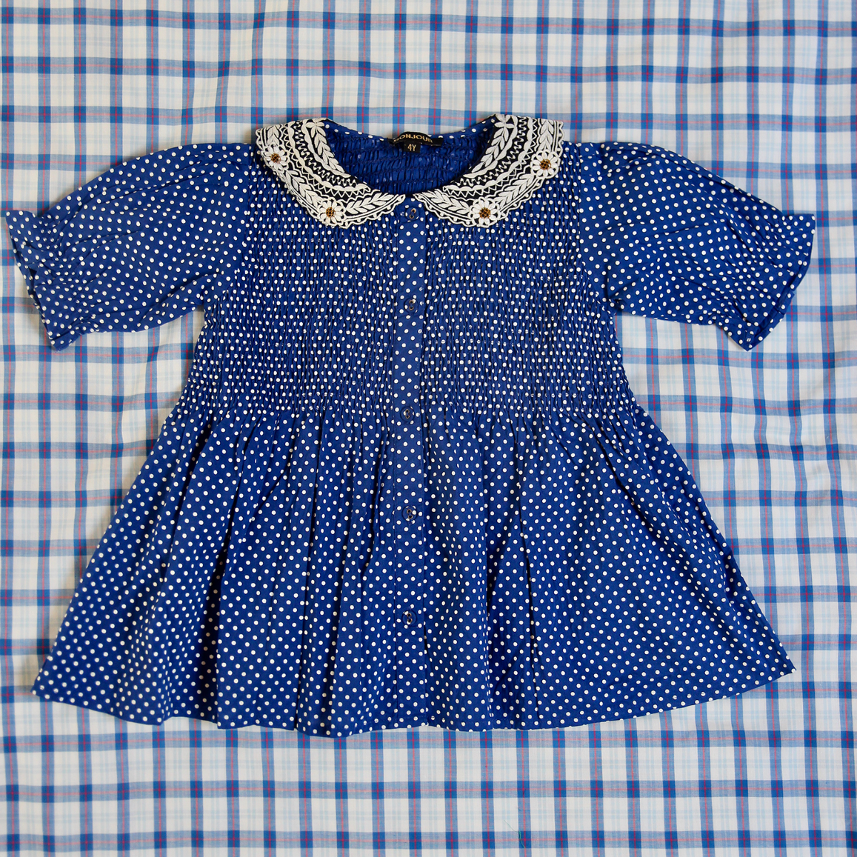 Blouse with embroidery collar(Flash blue dots)