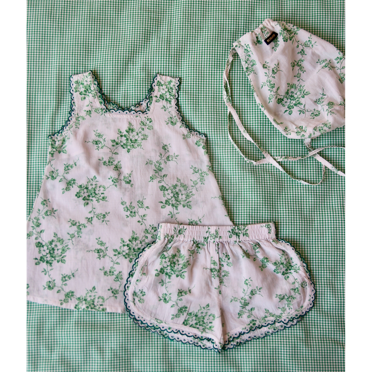 Set top and panty + bag(Green flower print cotton/viscose)