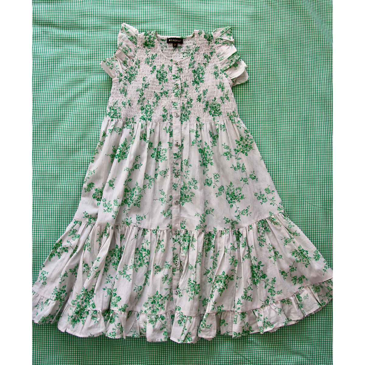Ibiza dress(Green flower with check fabric flounces print cotton/viscose)