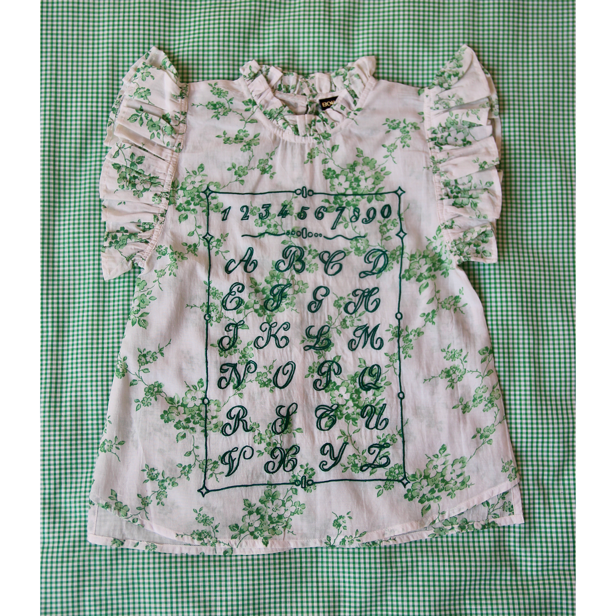 Top flounce with embroidery(Green flower print cotton/viscose)