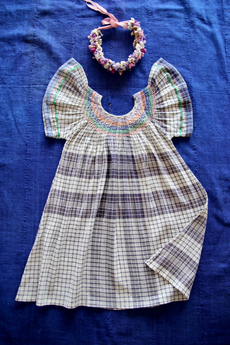 Butterfly dress with hand smocking embroidery and border block print at sleeve