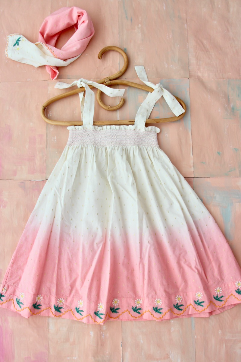 Dip dye skirt dress with embroidery + 50*50 cm scarf(Gold Dot)