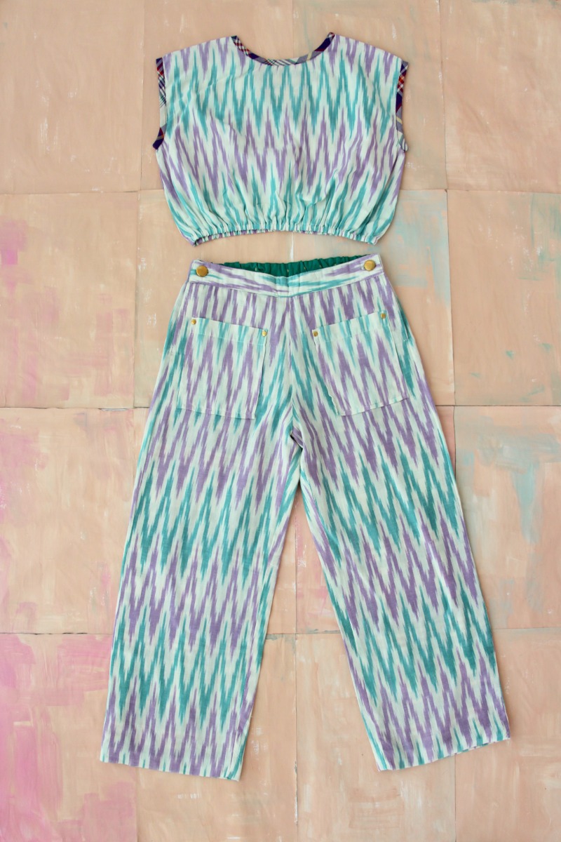 Long pant Top with Elastic at bottom + long pants(Ikat violet / green)