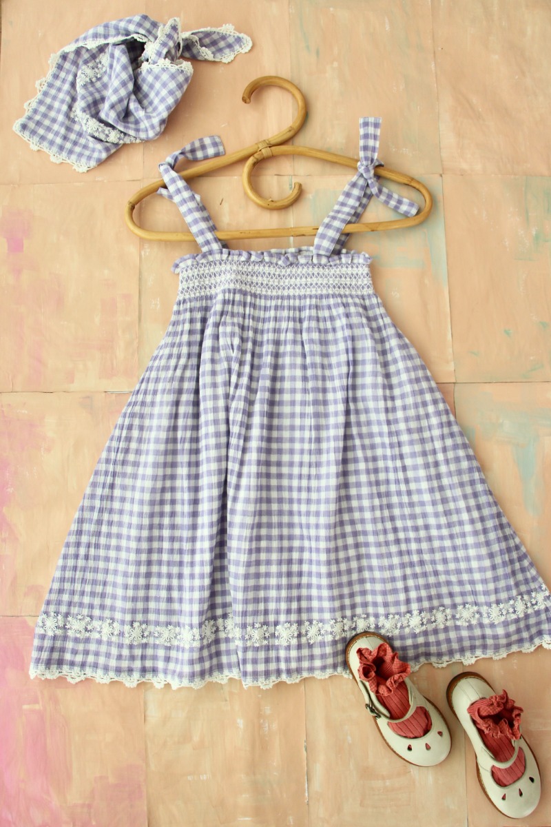 Long Skirt Dress with Triangle scarf(Violet Gingham)