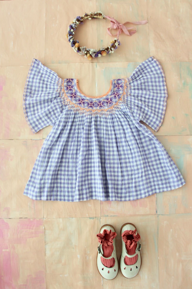 Butterfly Blouse with cross embroidery (Violet Gingham)