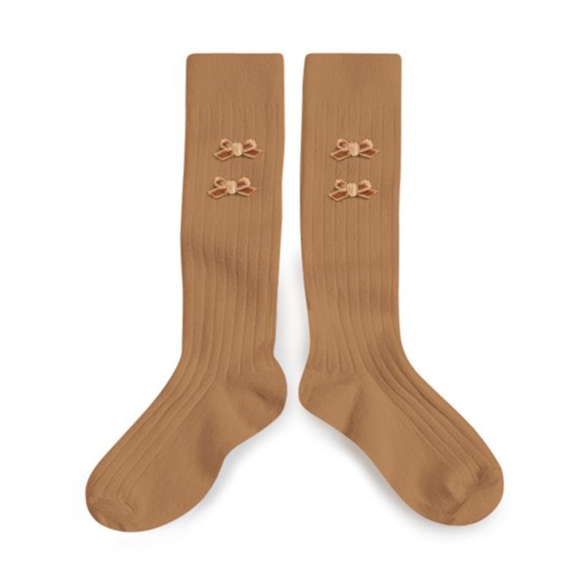 Hortense - Ribbed Knee-high Socks with Velvel Bows - Caramel #779