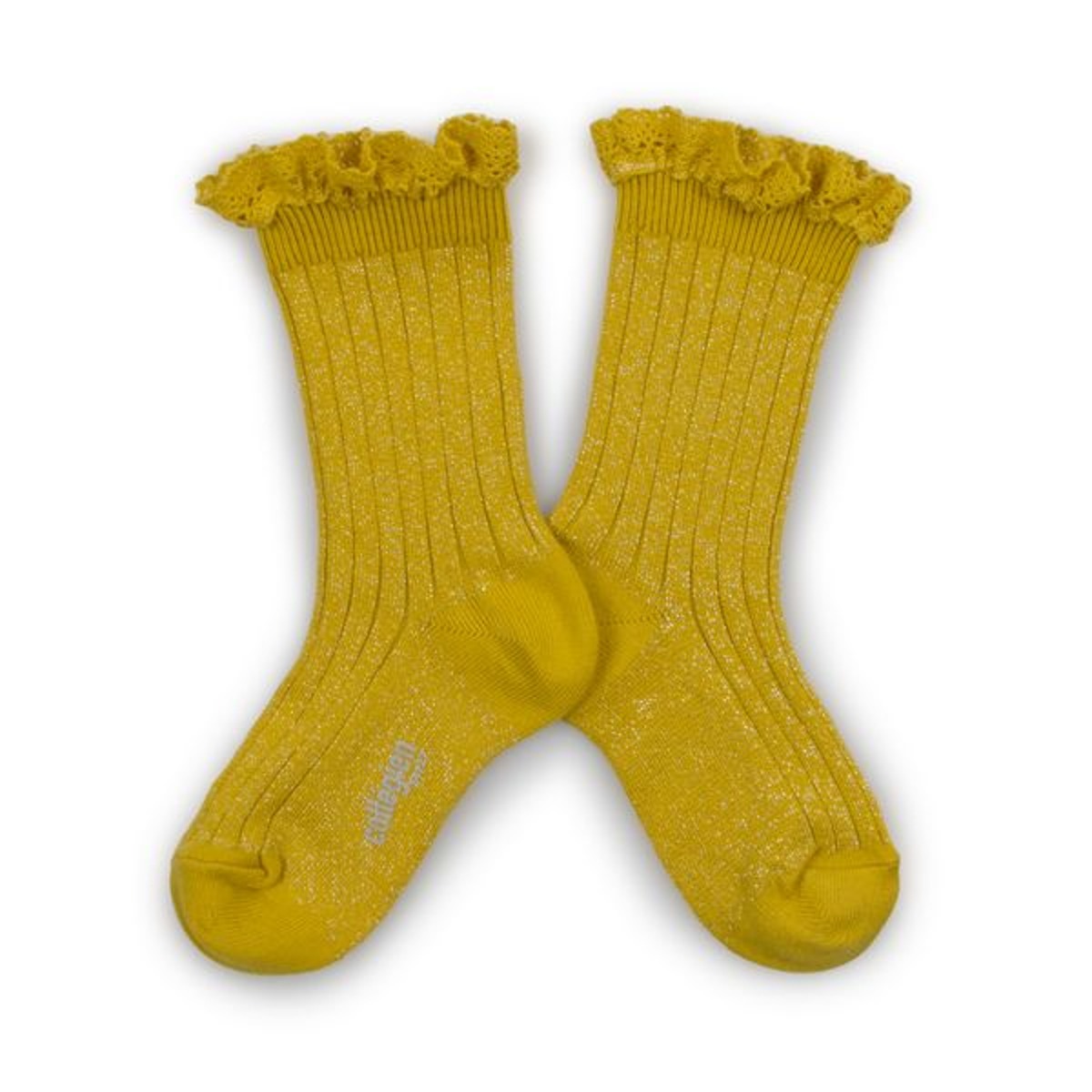 Victorine - Glitter Ribbed Crew Socks with Lace Trim - Kiwi Dorée #172