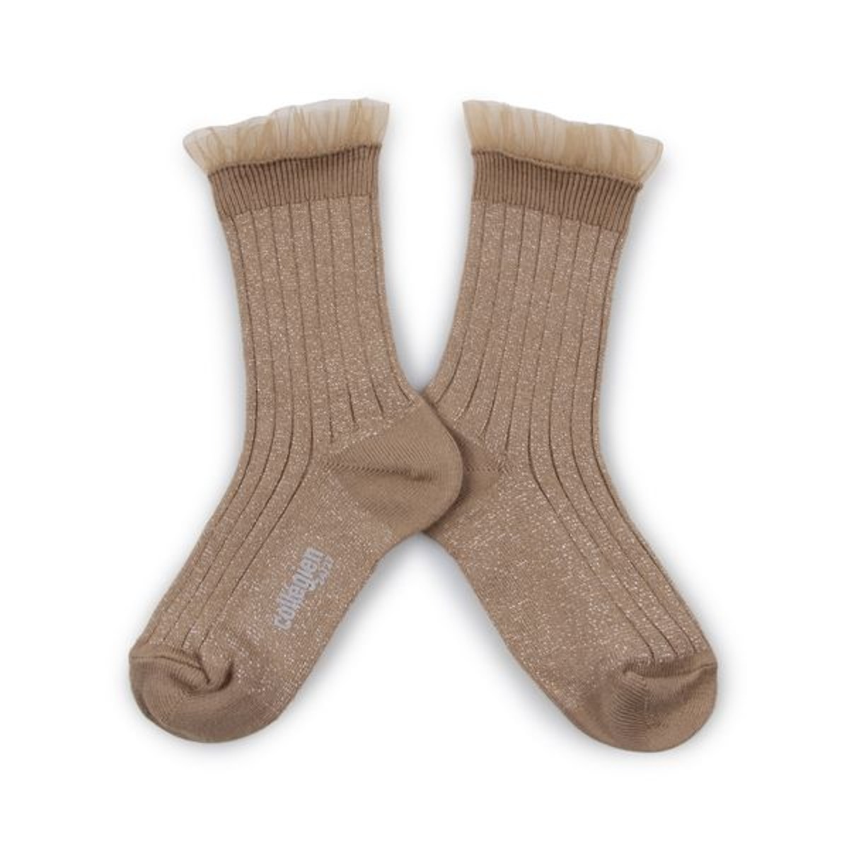 Alizée - Glitter Ribbed Crew Socks with Tulle Trim - Petite Taupe #226