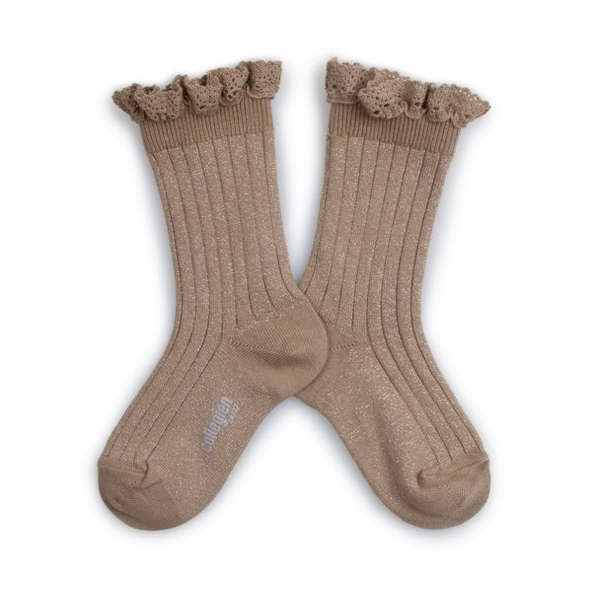 Victorine - Glitter Ribbed Crew Socks with Lace Trim - Petite Taupe #226
