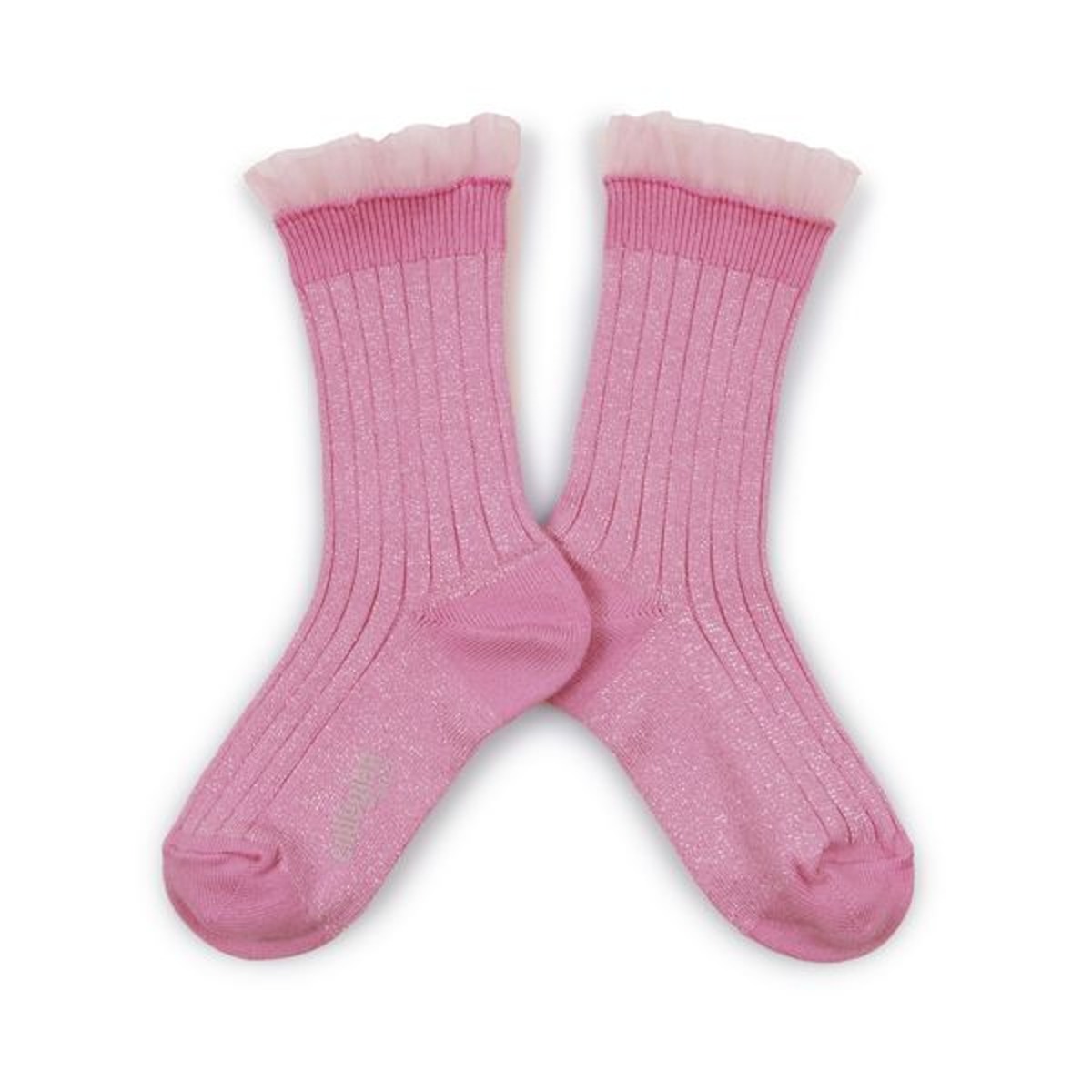 Alizée - Glitter Ribbed Crew Socks with Tulle Trim -Candy pink #600