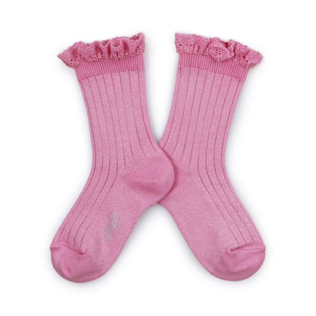 Victorine - Glitter Ribbed Crew Socks with Lace Trim - Candy pink #600