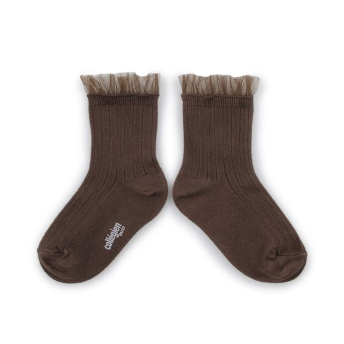 Margaux - Tulle Frill Ribbed Ankle Socks - Chocolat #783
