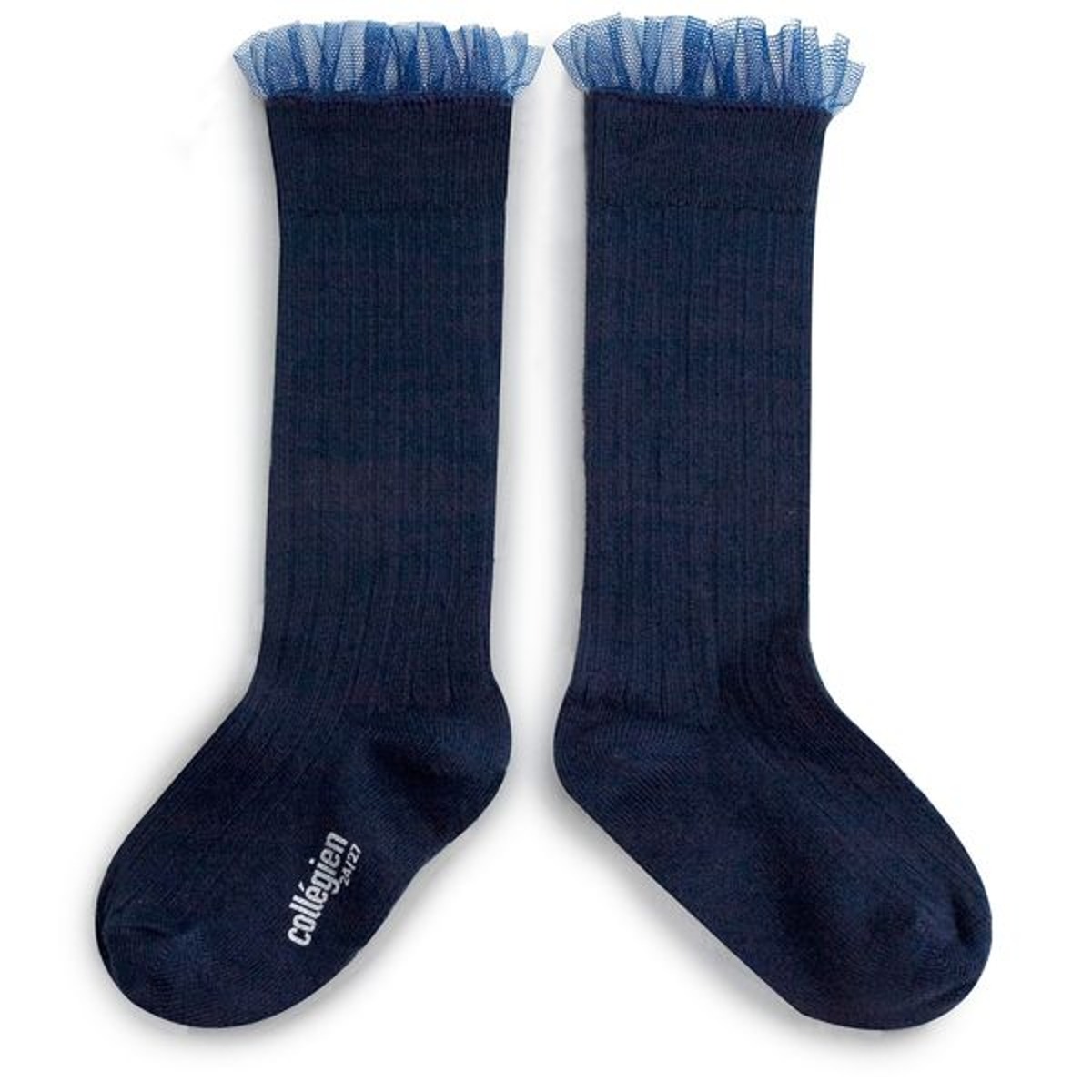 Tulle Frill Ribbed Knee-high Socks-Nuit Etoilée#044