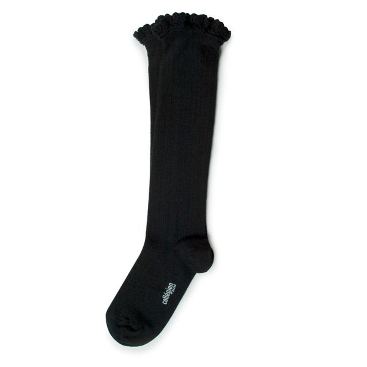 Pointelle Merino Wool Knee-high Socks with Merino Lace Trim(#171 Noir de Charbon)