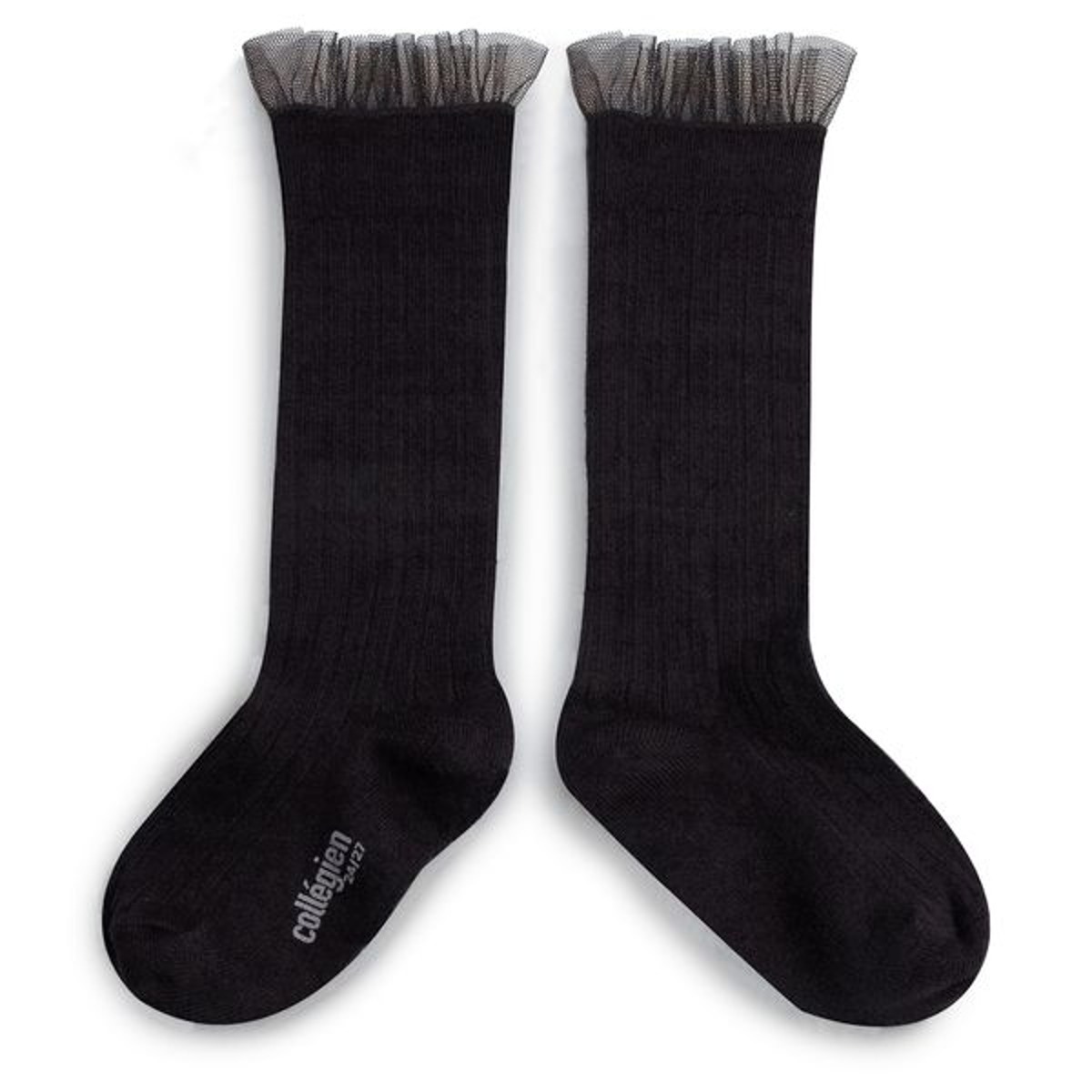 Tulle Frill Ribbed Knee-high Socks-Noir de Charbon#171