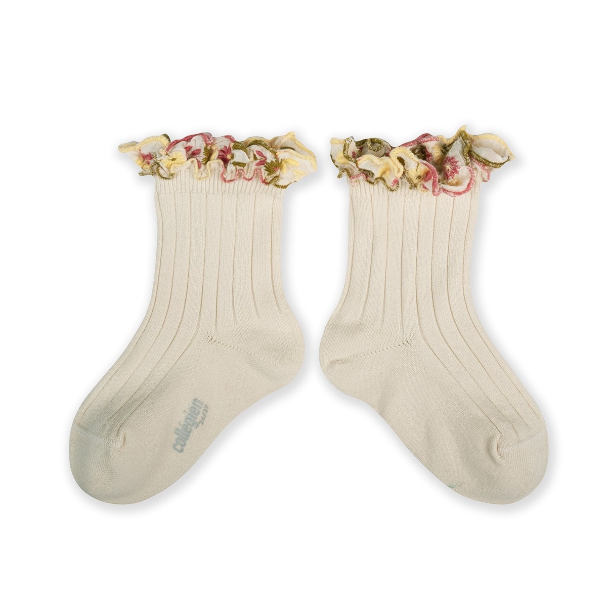 Embroidered Ruffle Ribbed Ankle Socks - Doux Agneaux #037