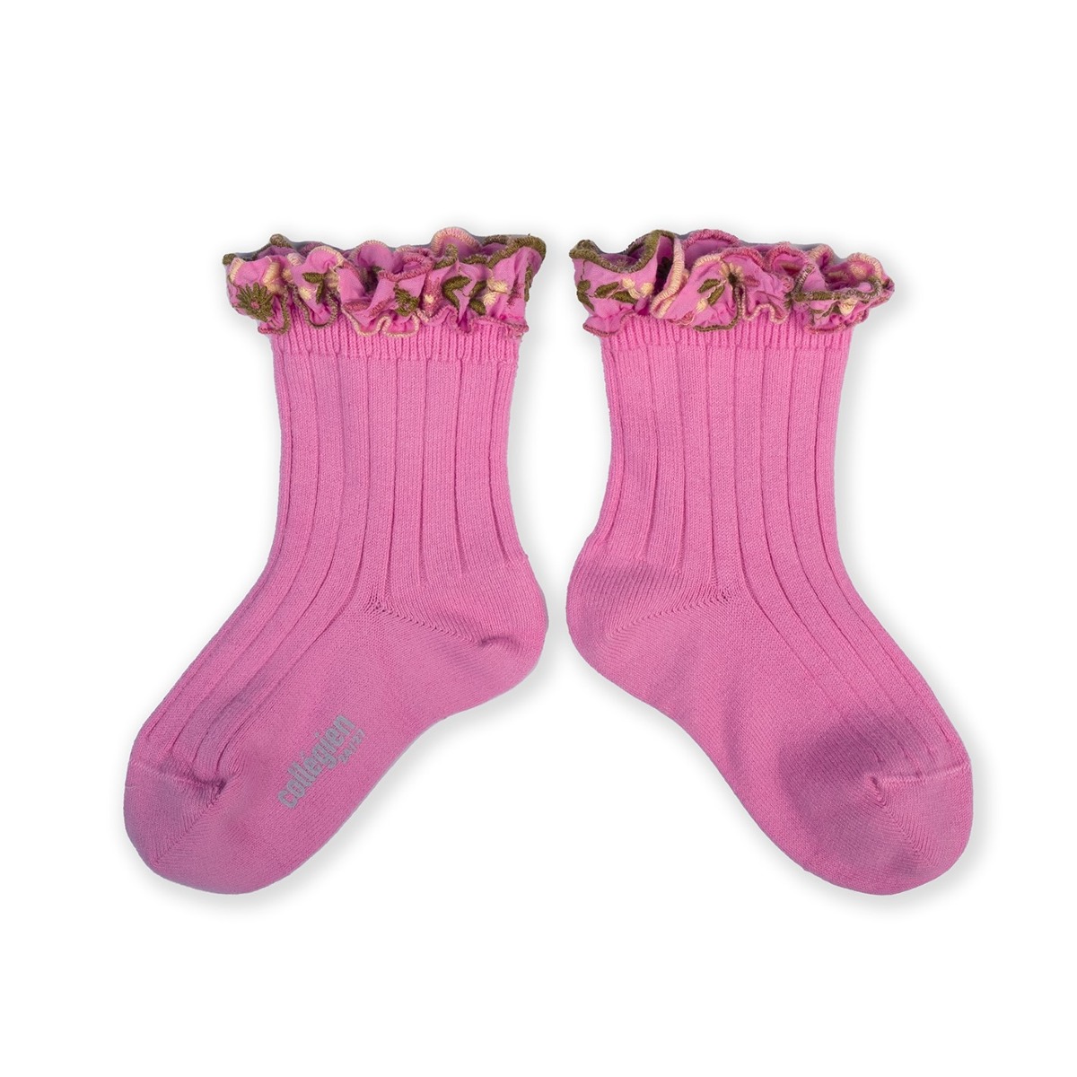 Embroidered Ruffle Ribbed Ankle Socks - Rose #600