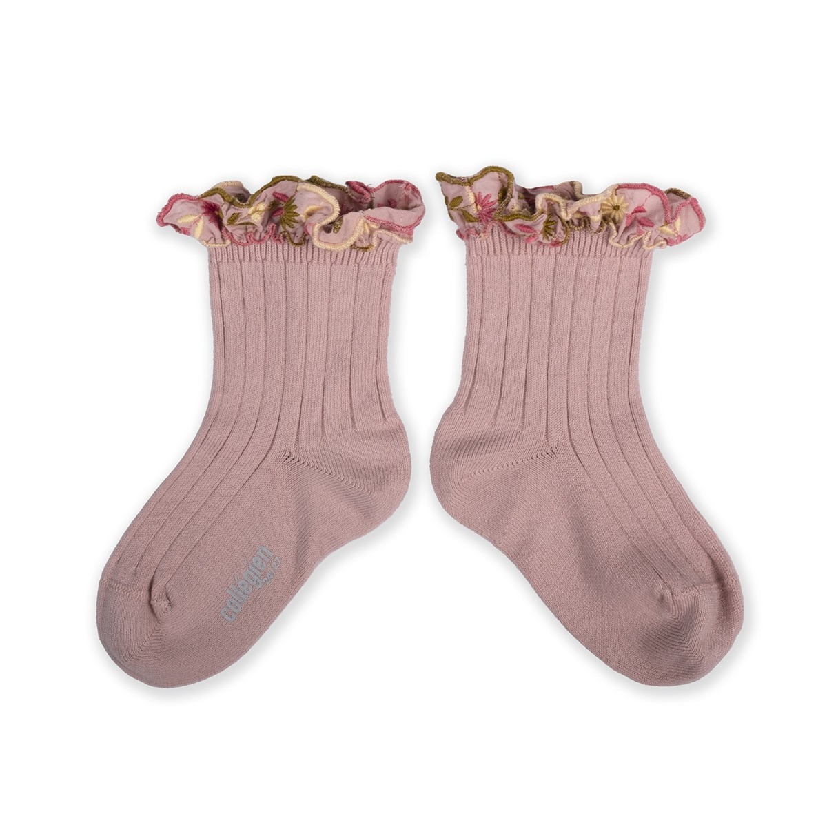 Embroidered Ruffle Ribbed Ankle Socks - Vieux #331