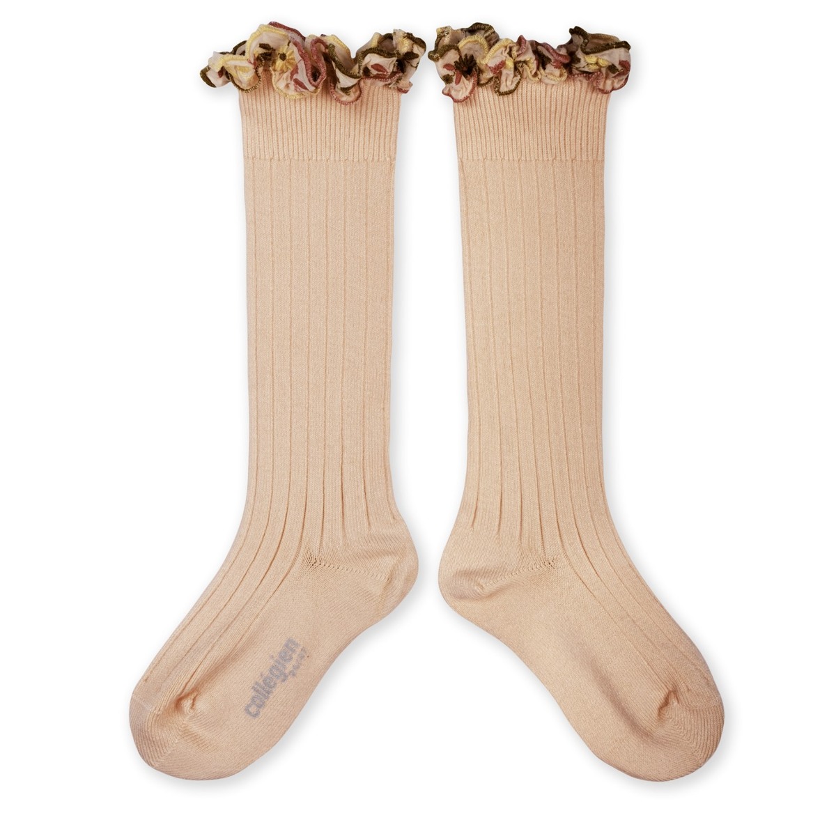 Embroidered Ruffle Ribbed Knee-high Socks - Sorbet #590