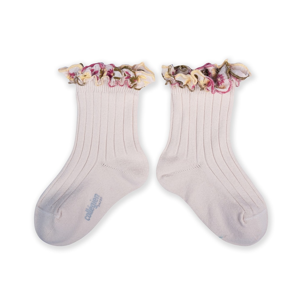 Embroidered Ruffle Ribbed Ankle Socks - Blanc Neige #908