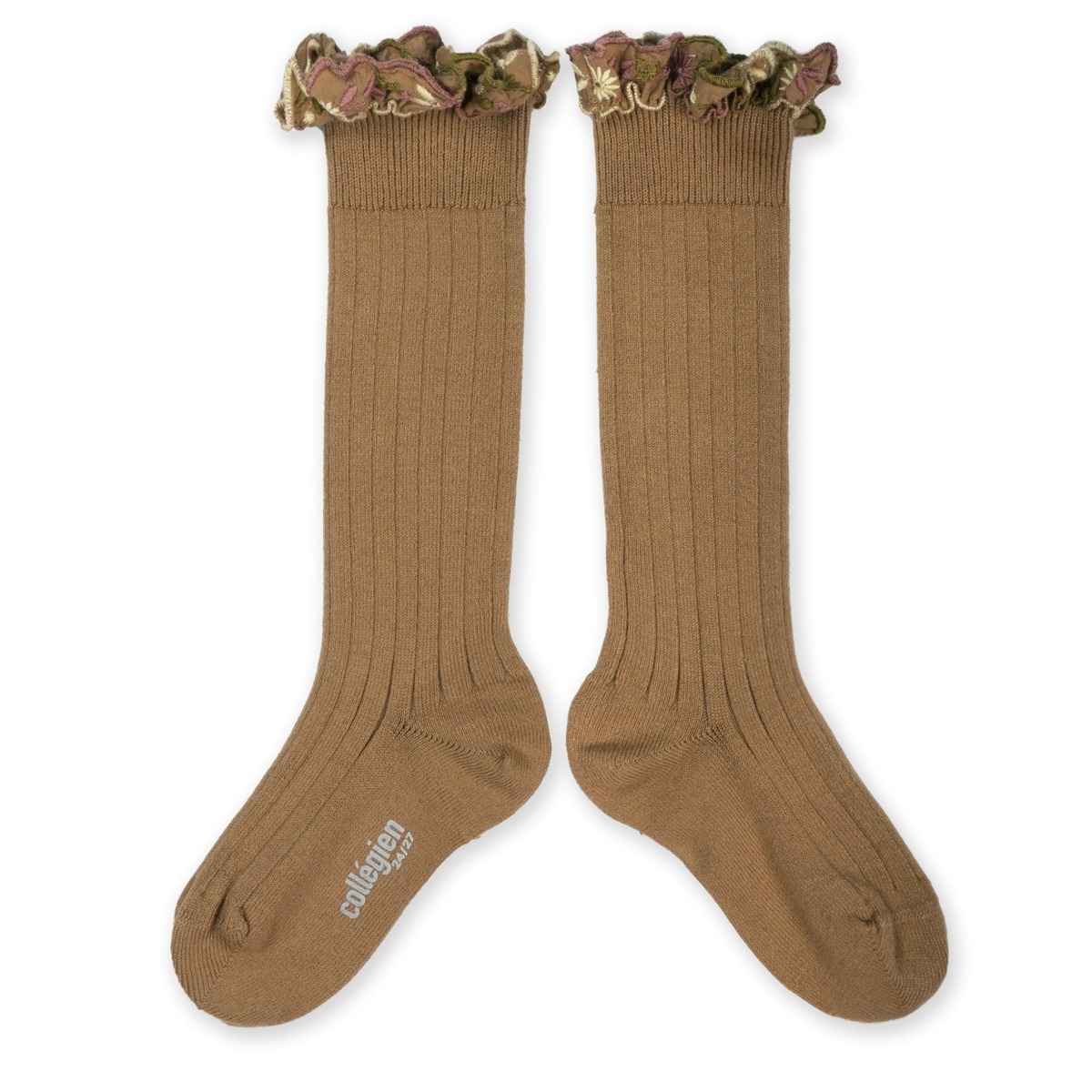 Embroidered Ruffle Ribbed Knee-high Socks - Caramel #779