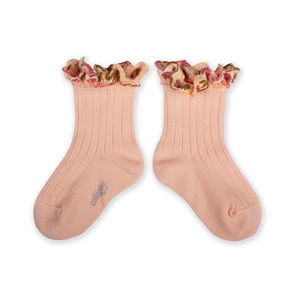 Embroidered Ruffle Ribbed Ankle Socks - Sorbet #590