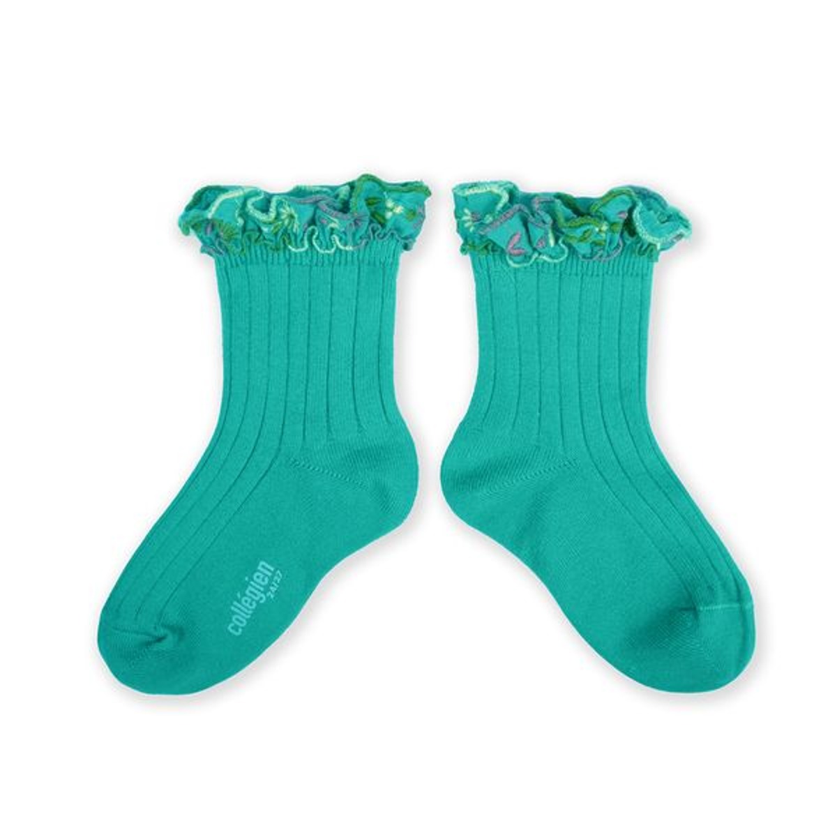 Embroidered Ruffle Ribbed Ankle Socks - Lagon #322