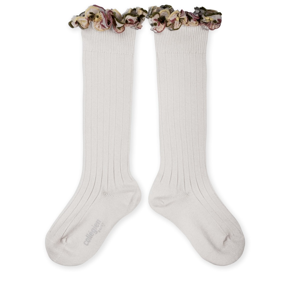 Embroidered Ruffle Ribbed Knee-high Socks - Blanc Neige #908